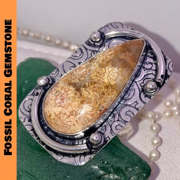 Fossil Coral Gemstone Handmade Halo Ring - Picture 5 of 7